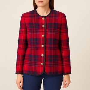 Liz Claiborne Red Navy Tartan Plaid Wool Blend Blazer Size 10 Gold Buttons VTG